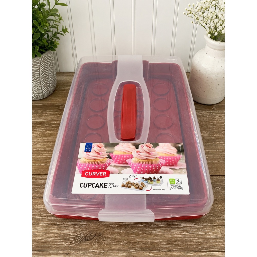 Curver 2 in 1 Cupcake Cake Box Red Reversible Tray Carrier for 12 or 24 Cupcakes